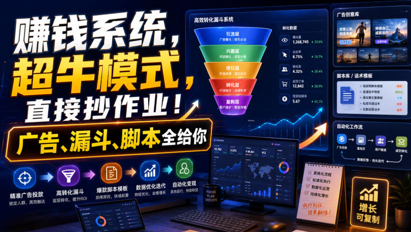賺钱系统，超牛模式，直接抄作业！广告、漏斗、脚本全给你【原创双语字幕】-知创网