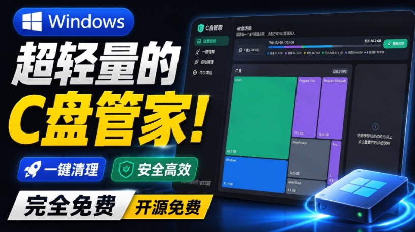 Windows超轻量的C盘管家！超级有特点，支持磁盘分析及清理提醒，2M大小体积，完全免费C盘管家-知创网