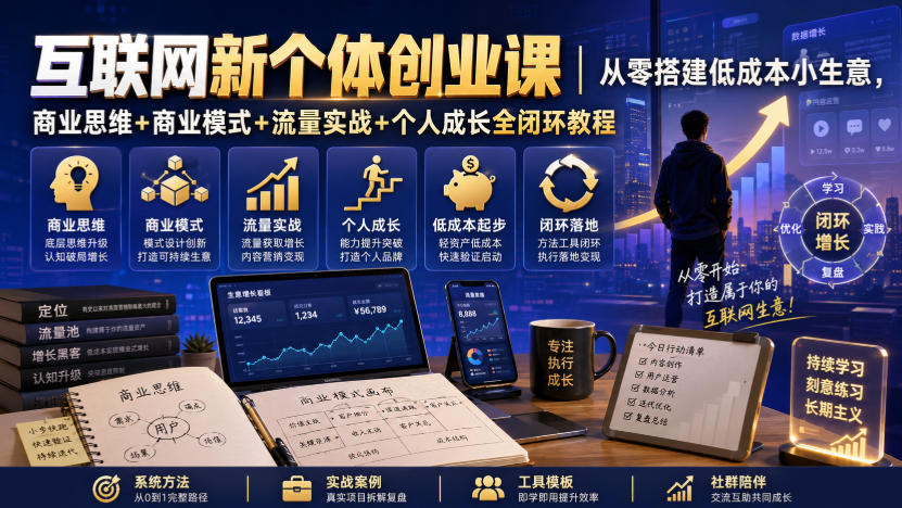 互联网新个体创业课｜从零搭建低成本小生意，商业思维+商业模式+流量实战+个人成长全闭环教程-知创网