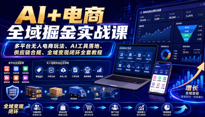 AI+电商全域掘金实战课|多平台无人电商玩法、AI工具落地、供应链合规、全域变现闭环全套教程-知创网