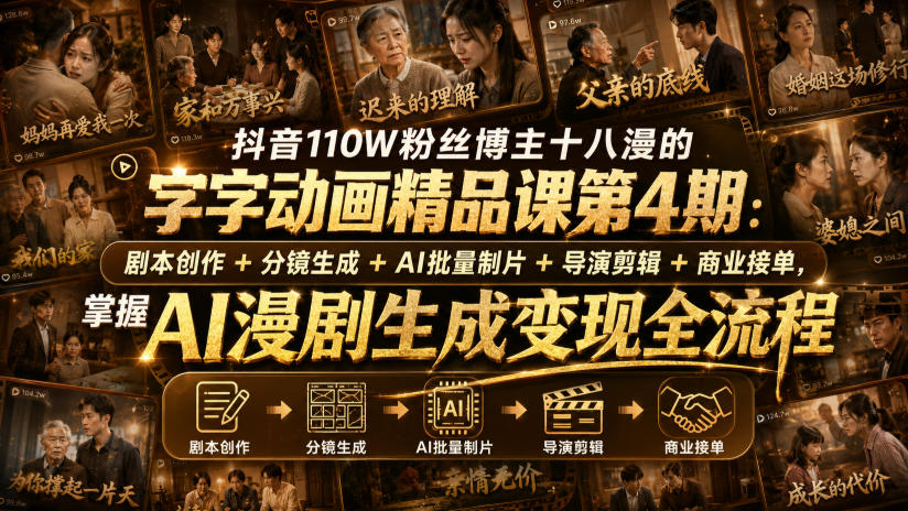 抖音110W粉丝博主十八漫的字字动画精品课第4期：剧本创作+分镜生成+剪辑+商业接单，掌握AI漫剧生成变现全流程-知创网