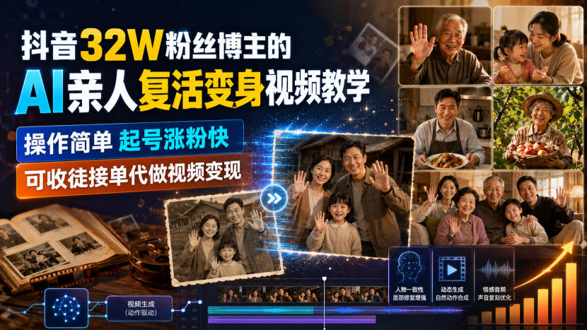 抖音32W粉丝博主的AI亲人复活变身视频教学，操作简单，起号涨粉快，可收徒接单代做视频变现-知创网