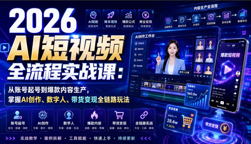 2026 AI短视频全流程实战课:从账号起号到爆款内容生产,掌握AI创作、数字人、带货变现全链路玩法-知创网