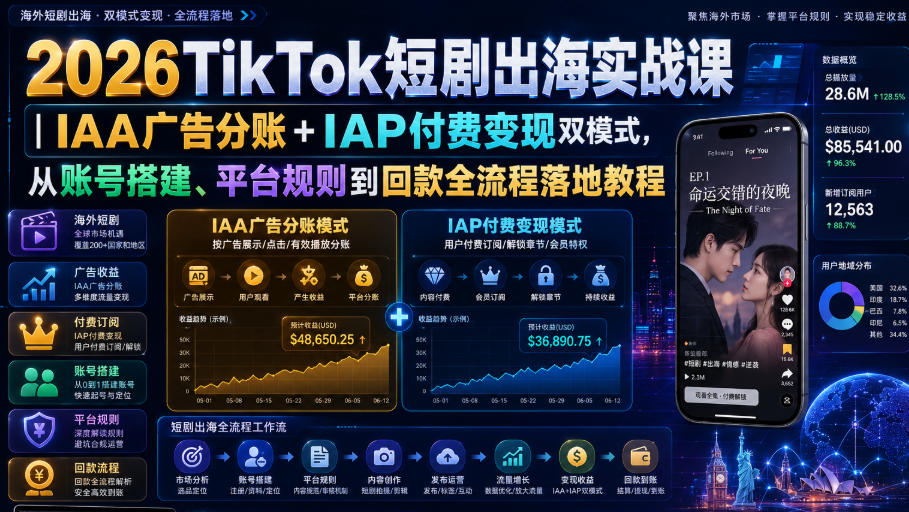 2026TikTok短剧出海实战课|IAA广告分账+IAP付费变现双模式,从账号搭建、平台规则到回款全流程落地教程-知创网