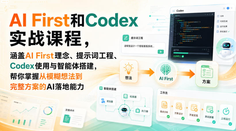 AI First和Codex实战课，涵盖AI First理念、提示词工程、Codex使用与智能体搭建，掌握从模糊想法到完整方案的AI落地能力-知创网