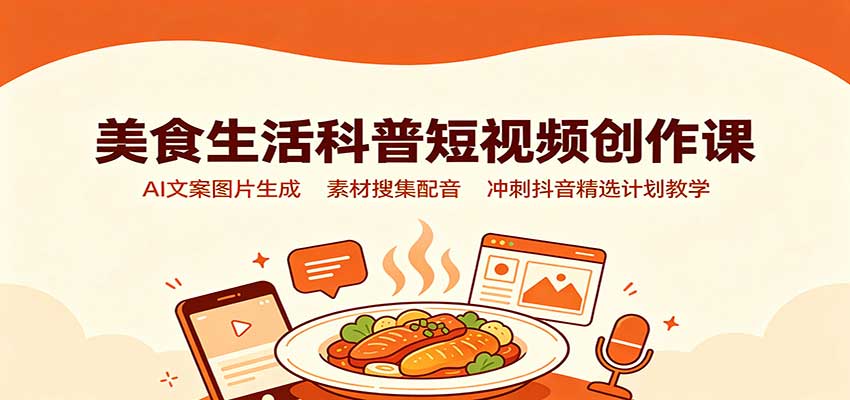 美食生活科普短视频创作课：AI文案图片生成，素材搜集配音，冲刺抖音精选计划教学-知创网