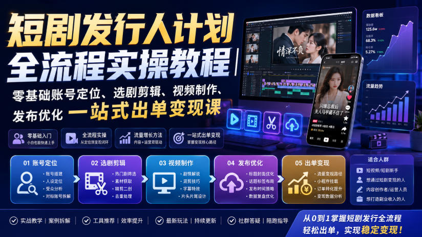短剧发行人计划全流程实操教程｜零基础账号定位、选剧剪辑、视频制作、发布优化一站式出单变现课​-知创网