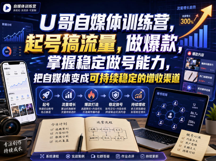 U哥自媒体训练营，起号搞流量，做爆款，掌握稳定做号能力，把自媒体变成可持续稳定的增收渠道-知创网