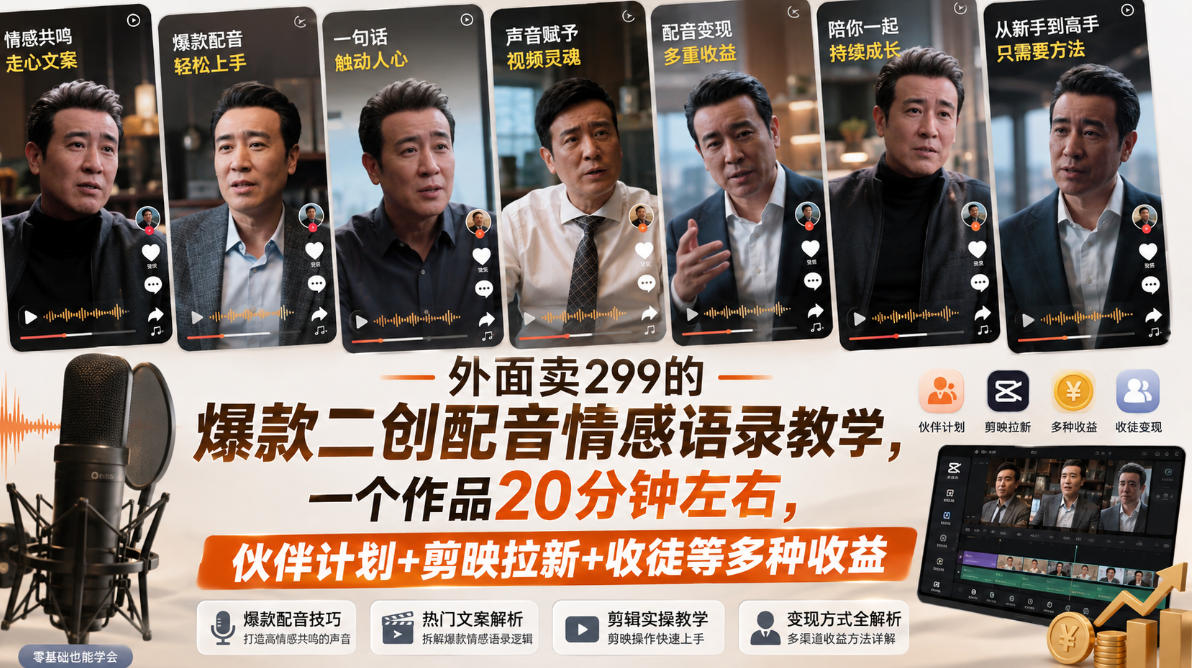 外面卖299的爆款二创配音情感语录教学，一个作品20分钟左右，伙伴计划+剪映拉新+收徒等多种收益-知创网