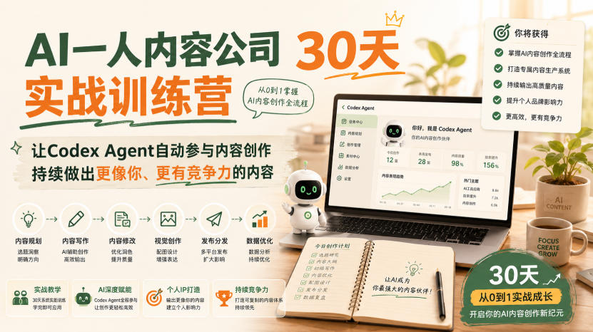 AI一人内容公司30天实战训练营，让Codex Agent自动参与内容创作持续做出更像你、更有竞争力的内容-知创网