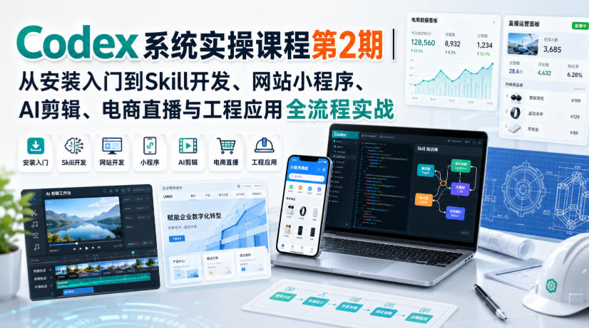 Codex系统实操课程第2期｜从安装入门到Skill开发、网站小程序、AI剪辑、电商直播与工程应用全流程实战-知创网