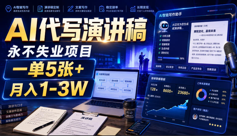 AI代写演讲稿，永不失业项目，一单5张+，月入1-3W【揭秘】-知创网