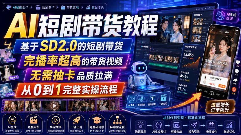 AI短剧带货教程，基于SD2.0的短剧带货，完播率超高的带货视频，无需抽卡品质拉满，从0到1完整实操流程-知创网