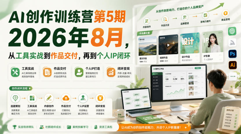 AI创作训练营第5期2026年8月,从工具实战到作品交付,再到个人IP闭环-知创网