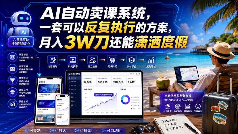 AI自动卖课系统，一套可以反复执行的方案，月入3W刀还能潇洒度假【原创双语字幕】-知创网