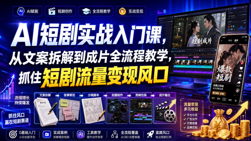 AI短剧实战入门课，从文案拆解到成片全流程教学，抓住短剧流量变现风口-知创网