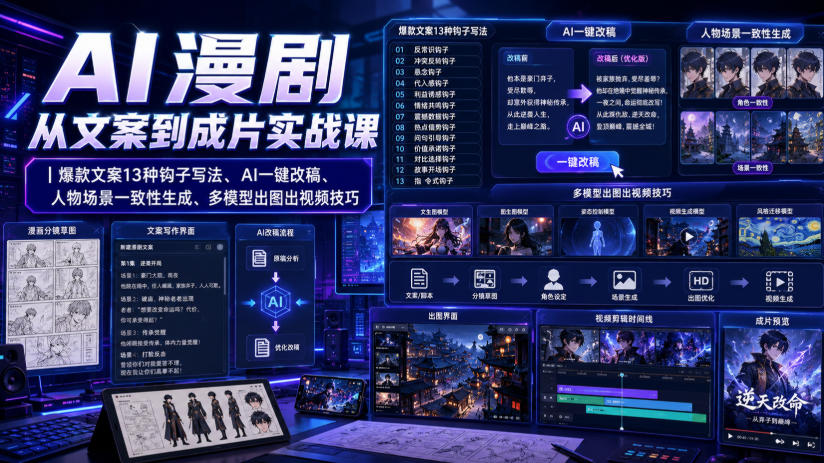 AI漫剧从文案到成片实战课｜爆款文案13种钩子写法、AI一键改稿、人物场景一致性生成、多模型出图出视频技巧-知创网