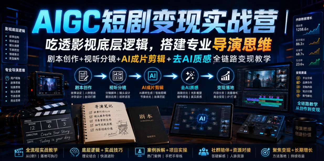AIGC短剧变现实战营｜吃透影视底层逻辑，搭建专业导演思维，剧本创作+视听分镜+AI成片剪辑+去AI质感全链路变现教学-知创网