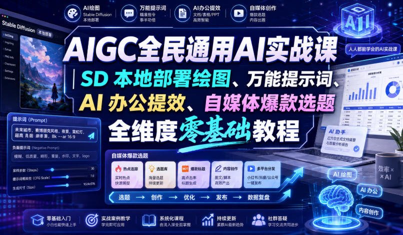 AIGC全民通用AI实战课|SD本地部署绘图、万能提示词、AI办公提效、自媒体爆款选题全维度零基础教程-知创网