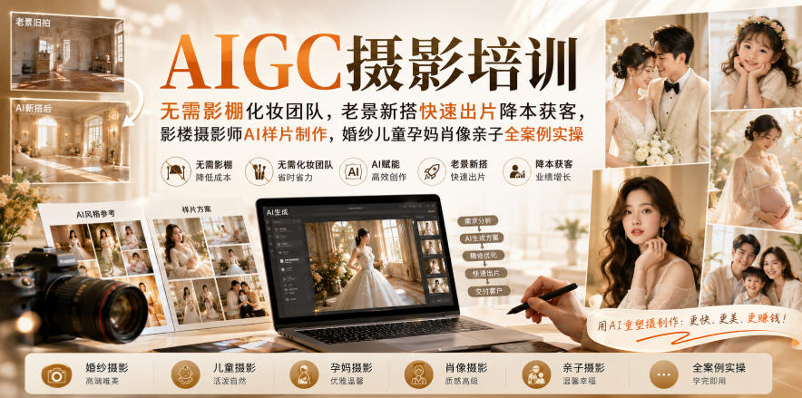 AIGC摄影培训|无需影棚化妆团队,老景新搭快速出片降本获客,影楼摄影师AI样片制作,婚纱儿童孕妈肖像亲子全案例实操-知创网