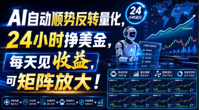 AI自动顺势反转量化，24小时挣美金，每天见收益，可矩阵放大！【揭秘】-知创网