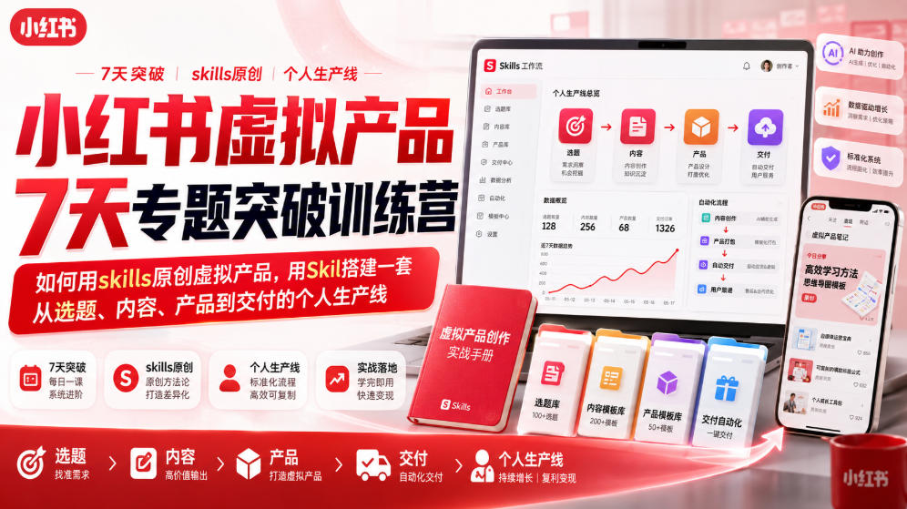 小红书虚拟产品7天专题突破训练营，如何用skills原创虚拟产品，用Skil搭建一套从选题、内容、产品到交付的个人生产线-知创网
