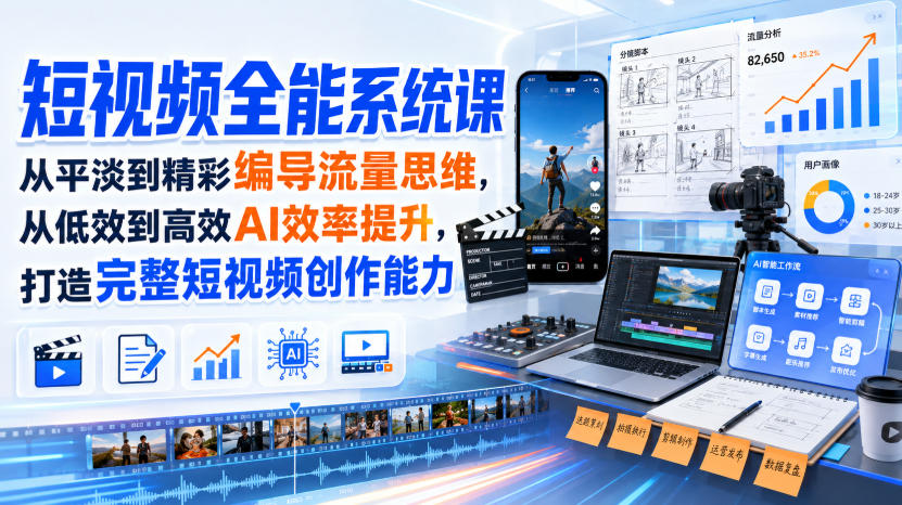 短视频全能系统课,从平淡到精彩编导流量思维,从低效到高效AI效率提升,打造完整短视频创作能力(2026年8月30更新233集)-知创网