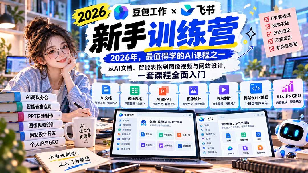 （20645期）2026豆包工作+飞书新手训练营-9月新课：从AI文档、智能表格到图像视频与网站设计，一套课程全面入门-知创网