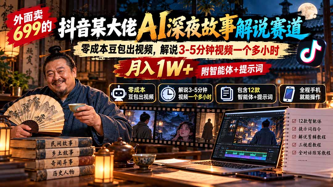 (20648期)外面卖699的抖音某大佬AI深夜故事解说赛道:零成本豆包出视频,解说3-5分钟视频一个多小时,月入1W+附智能体+提示词-知创网