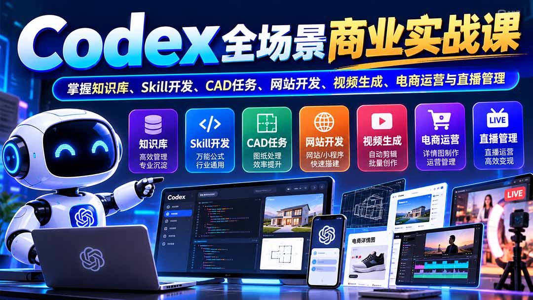 （20712期）【无水印】Codex全场景商业实战课：掌握知识库、Skill开发、CAD任务、网站开发、视频生成、电商运营与直播管理-知创网