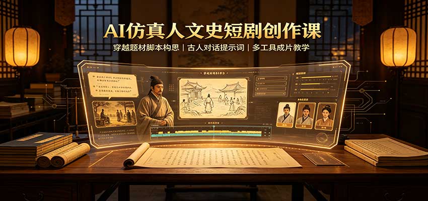 AI仿真人文史短剧创作课:穿越题材脚本构思,古人对话提示词,多工具成片教学-知创网