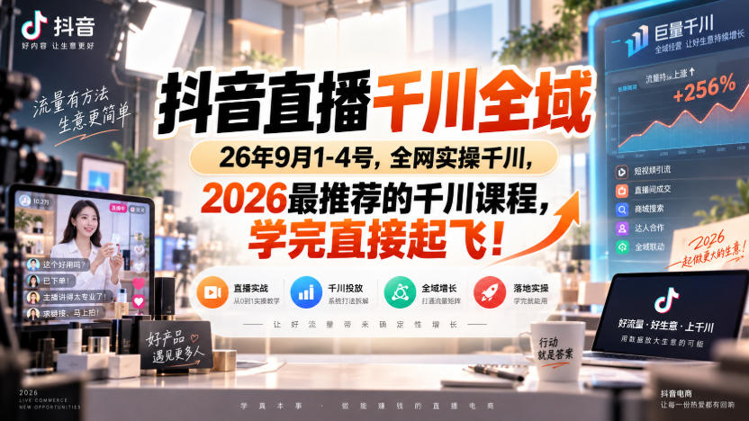 抖音直播千川全域26年9月1-4号，全网实操千川，2026最推荐的千川课程，学完直接起飞！-知创网
