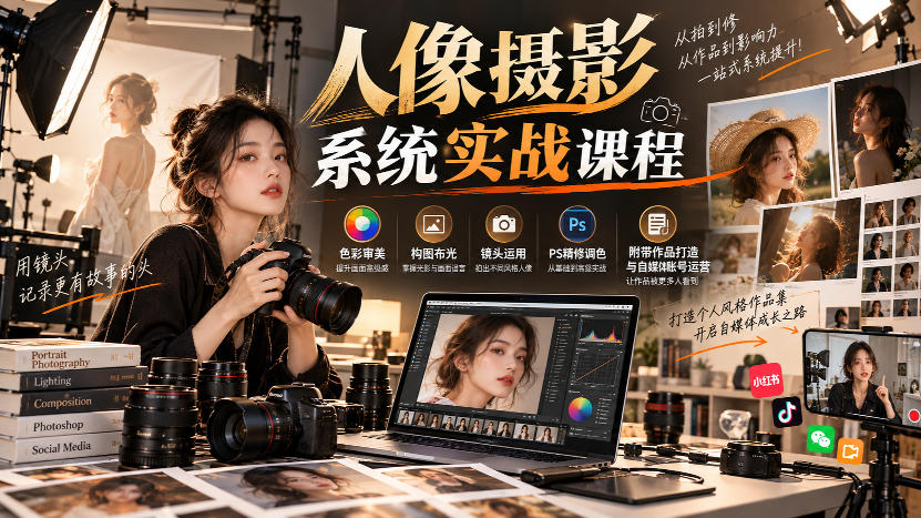 【无水印】人像摄影系统实战课程，色彩审美、构图布光、镜头运用、PS精修调色，附带作品打造与自媒体账号运营-知创网