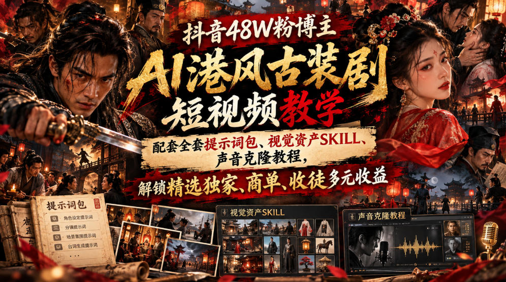 抖音48W粉博主AI港风古装剧短视频教学,配套全套提示词包、视觉资产SKILL、声音克隆教程,解锁精选独家、商单、收徒多元收益-知创网