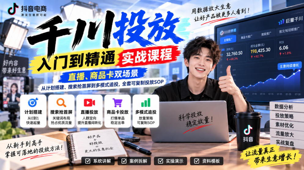 千川投放入门到精通实战课程,直播、商品卡双场景,从计划搭建、搜索抢首屏到多模式追投,全套可复制投放SOP-知创网