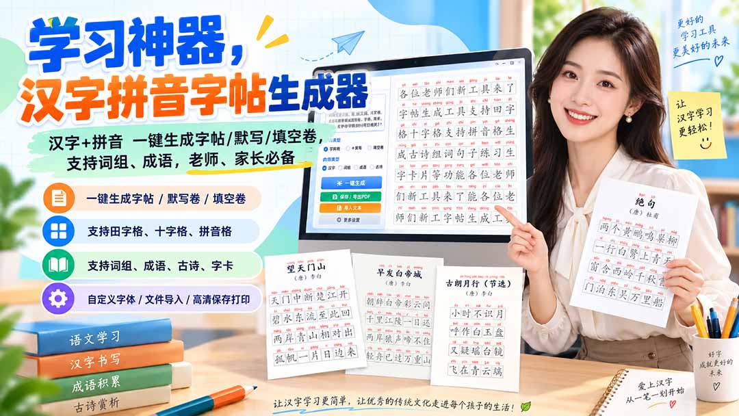 (20299期)学习神器,汉字拼音字帖生成器,汉字+拼音 一键生成字帖/默写/填空卷,支持词组、成语,老师、家长必备-知创网