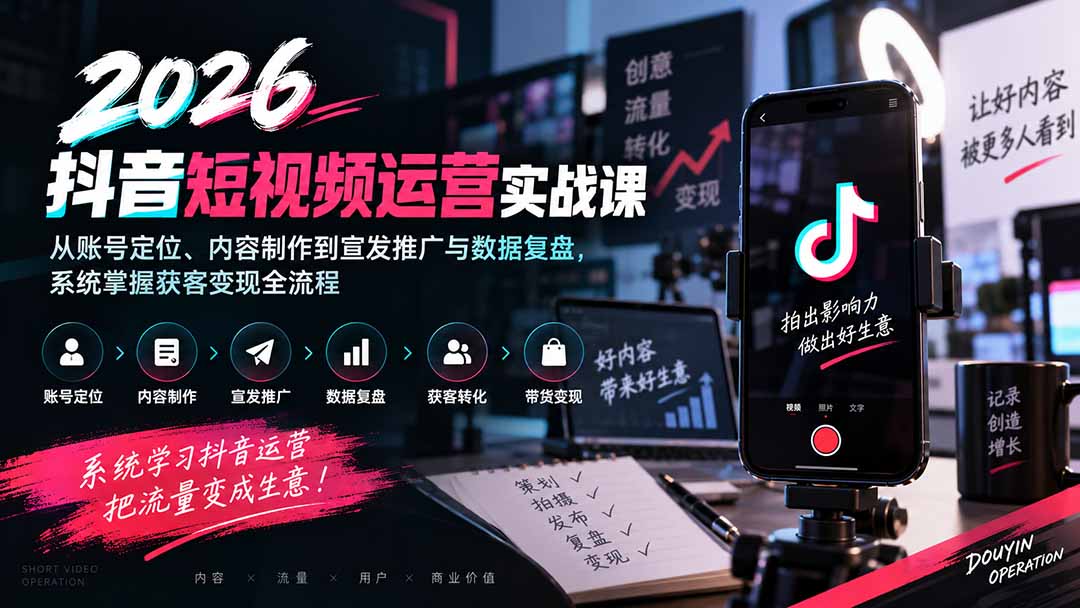 （20406期）2026抖音短视频运营实战课：从账号定位、内容制作到宣发推广与数据复盘，系统掌握获客变现全流程-知创网
