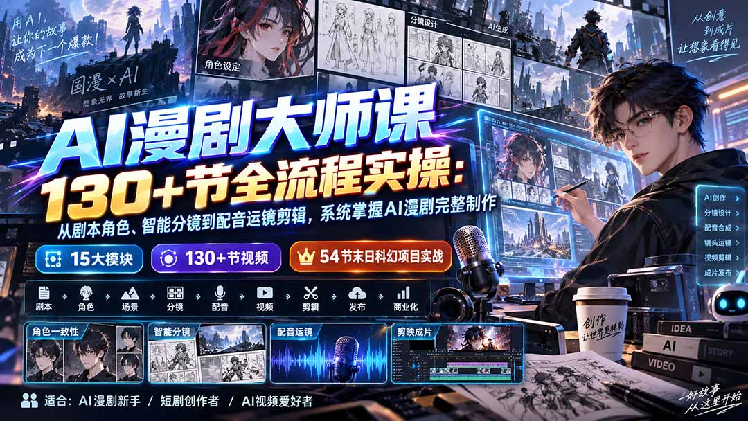 （20326期）AI漫剧大师课130+节全流程实操：从剧本角色、智能分镜到配音运镜剪辑，系统掌握AI漫剧完整制作-知创网