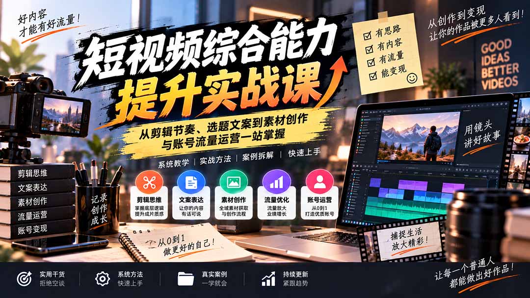 （20599期）短视频综合能力提升实战课：从剪辑节奏、选题文案到素材创作与账号流量运营一站掌握-知创网