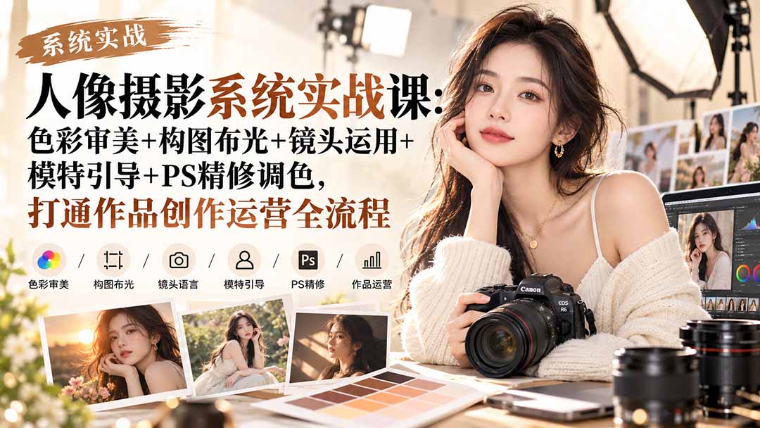（20623期）【无水印】人像摄影系统实战课：色彩审美+构图布光+镜头运用+模特引导+PS精修调色，打通作品创作运营全流程-知创网
