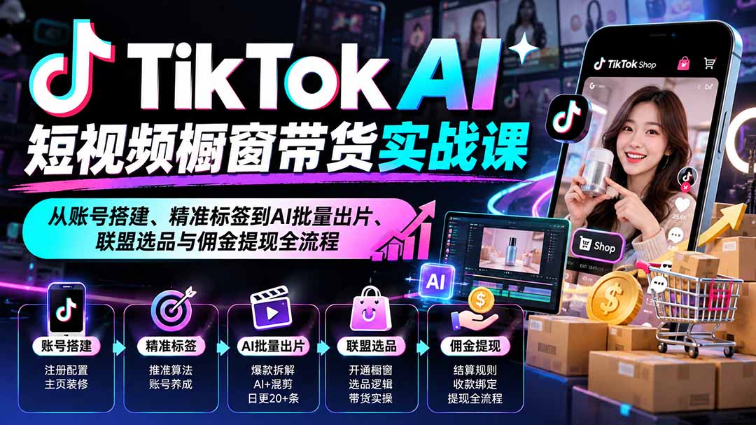 (20725期)TikTok AI短视频橱窗带货实战课:从账号搭建、精准标签到AI批量出片、联盟选品与佣金提现全流程-知创网