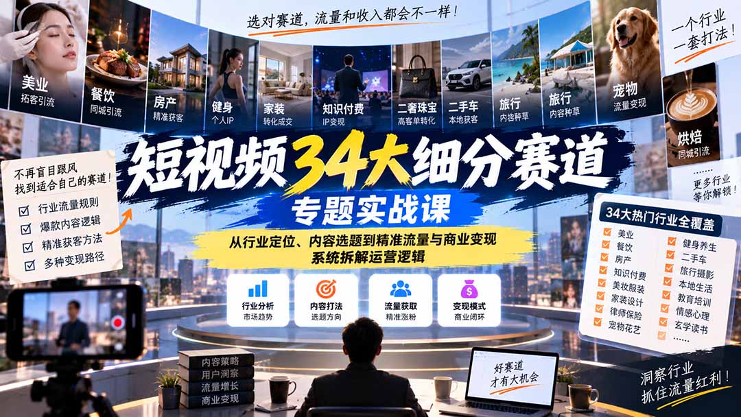 （20600期）短视频34大细分赛道专题实战课：从行业定位、内容选题到精准流量与商业变现，系统拆解运营逻辑-知创网