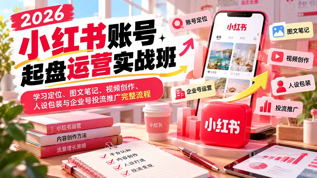 (20646期)2026小红书账号起盘运营实战班:学习定位、图文笔记、视频创作、人设包装与企业号投流推广完整流程-知创网