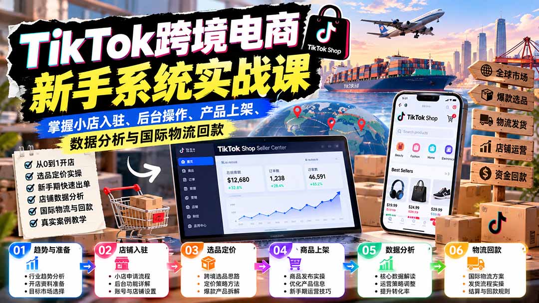 （20672期）TikTok跨境电商新手系统实战课：掌握小店入驻、后台操作、产品上架、数据分析与国际物流回款-知创网