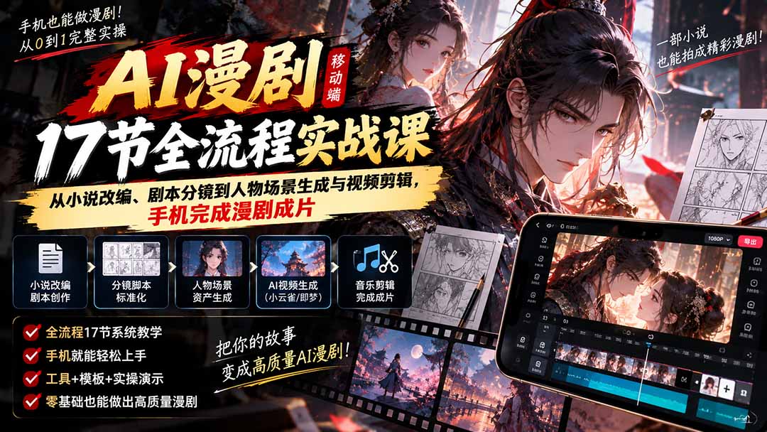 （20624期）AI漫剧移动端17节全流程实战课：从小说改编、剧本分镜到人物场景生成与视频剪辑，手机完成漫剧成片-知创网