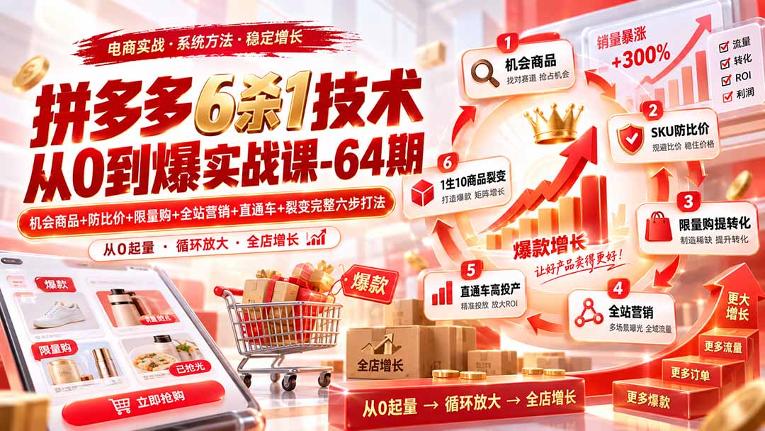 （20315期）拼多多6杀1技术从0到爆实战课-64期：机会商品+防比价+限量购+全站营销+直通车+裂变完整六步打法-知创网
