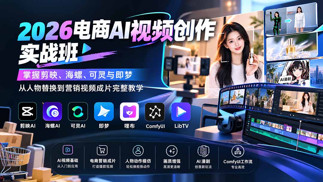 （20466期）2026电商AI视频创作实战班：掌握剪映、海螺、可灵与即梦，从人物替换到营销视频成片完整教学-知创网