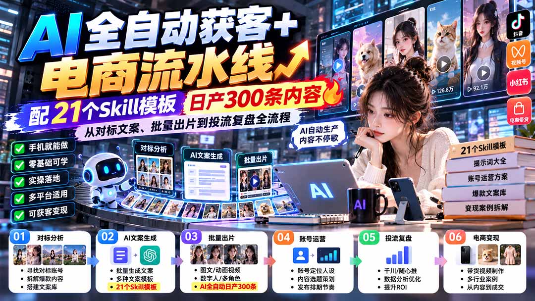 （20713期）【无水印】AI全自动获客+电商流水线-更新0929：配21个Skill模板，日产300条内容，从对标文案、批量出片到投流全流程-知创网