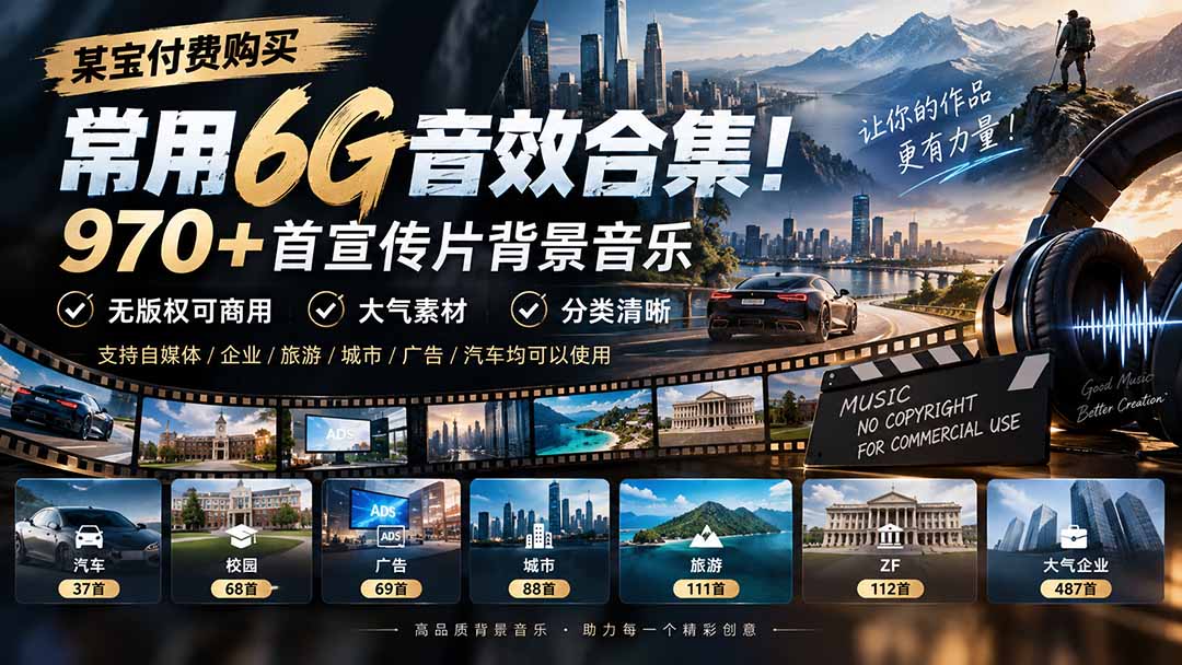 (20603期)某宝付费购买,常用6G音效合集!970+首宣传片背景音乐,无版权可商用大气素材,分类清晰-知创网