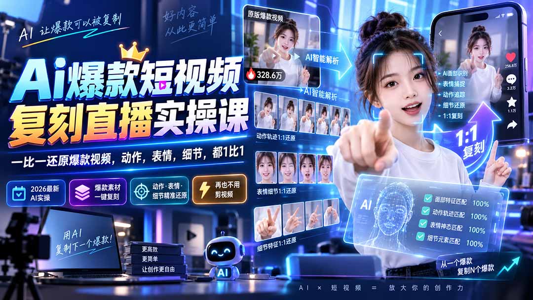 （20304期）最新Ai爆款短视频复刻直播实操课，一比一还原爆款视频，动作，表情，细节，都1比1-知创网